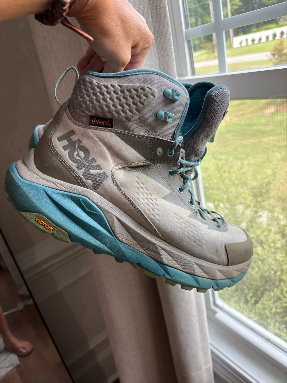 Hoka Women's Lace-Up Hiking Boots in Light Gray and Teal